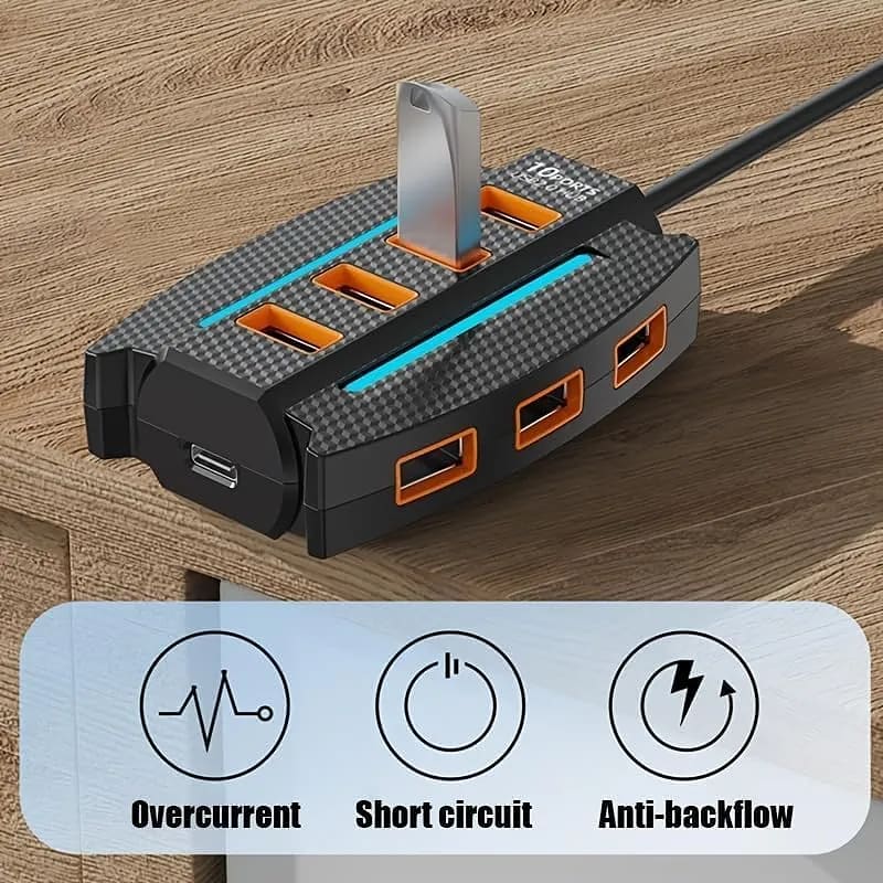 WiredCom® USB 3.0 Hub, 10 Ports USB A Splitter with Power/Data Port, 3.9ft Long Cable USB Adapter Multiport Extender Lights for Desktop, Laptop, Xbox, Console, Printer, Camera, Keyborad, Mouse