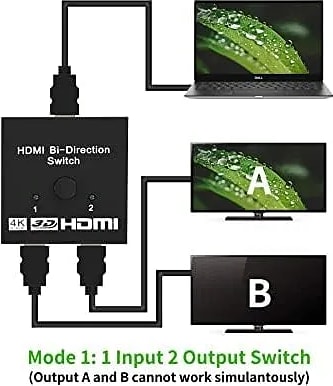 WiredCom Bi-Directional 2 Port HDMI Adapter Switch Splitter Manual 2 in 1 Output or 1 in 2 Output 1080P 2K 4K HD Converter, Black
