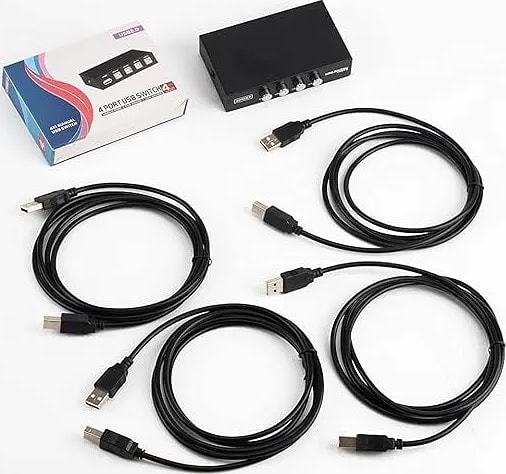 WiredCom Printer Sharing USB Switch 4 Ports | USB 2.0 Switch Selector Box | 4 Pcs usb printer cable, for PC, Computer, Printer, Scanner (3 Meter)