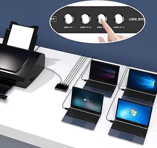 WiredCom Printer Sharing USB Switch 4 Ports | USB 2.0 Switch Selector Box | 4 Pcs usb printer cable, for PC, Computer, Printer, Scanner (3 Meter)