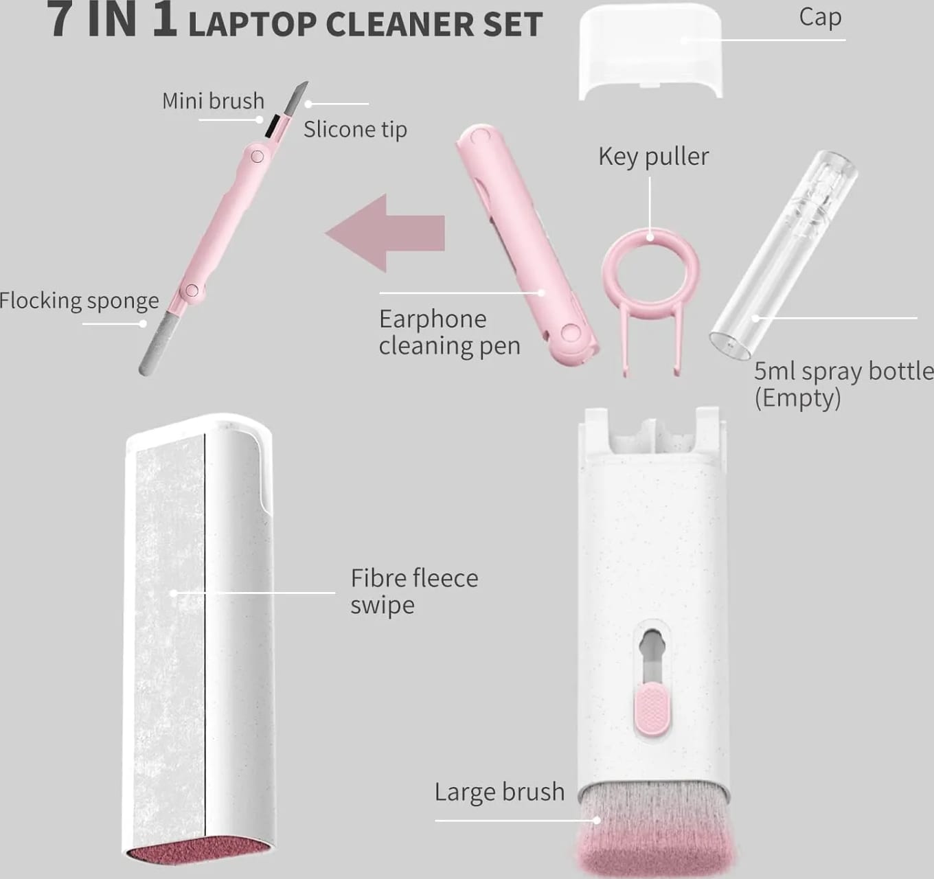 WiredCom® 7 in 1 Multi-Function Laptop Cleaning Brush/Keyboard Cleaning kit/Gadget Cleaning kit Gap Duster Key-Cap Puller for Laptop,Monitor,Keyboard and Earphones with Spray Bottle