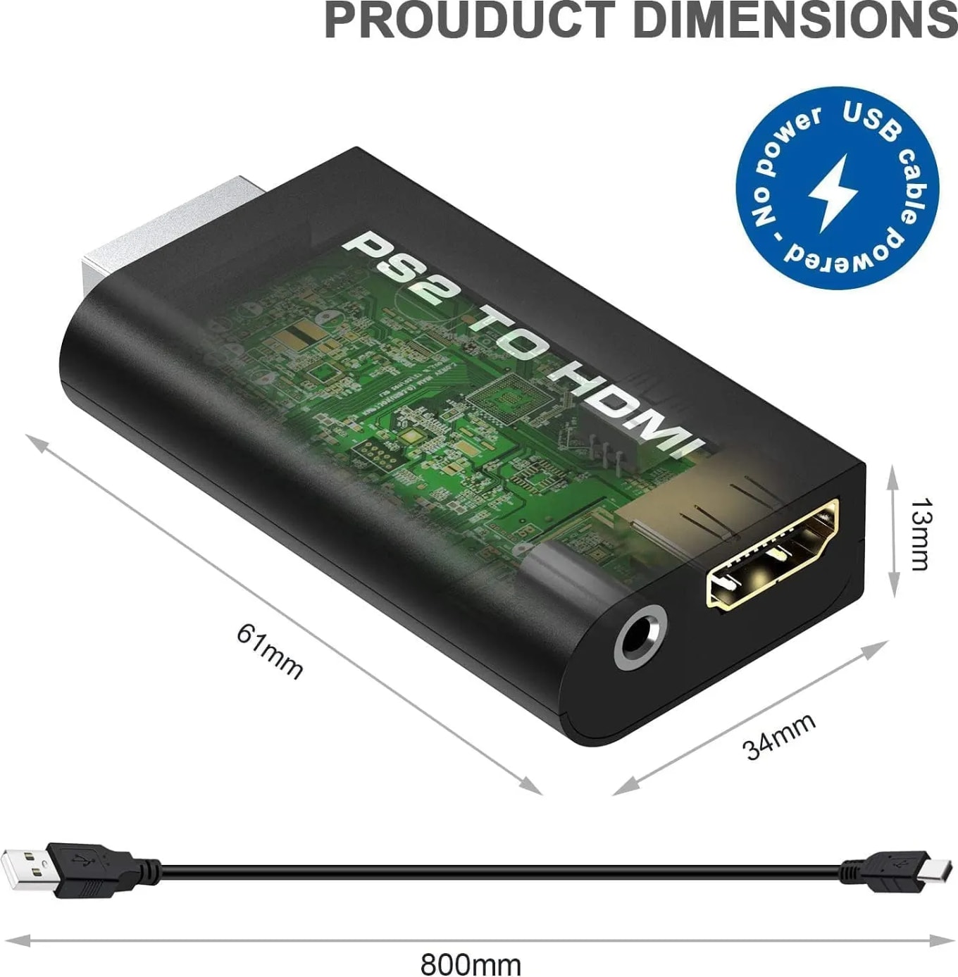 WiredCom PS2 to HDMI Converter Adapter, PS2 to HDMI Video Converter with 3.5mm Audio Output, Cable for HDTV HDMI Monitor AV to HDMI Signal Transfer Adapter, Supports All Playstation 2 Display Modes