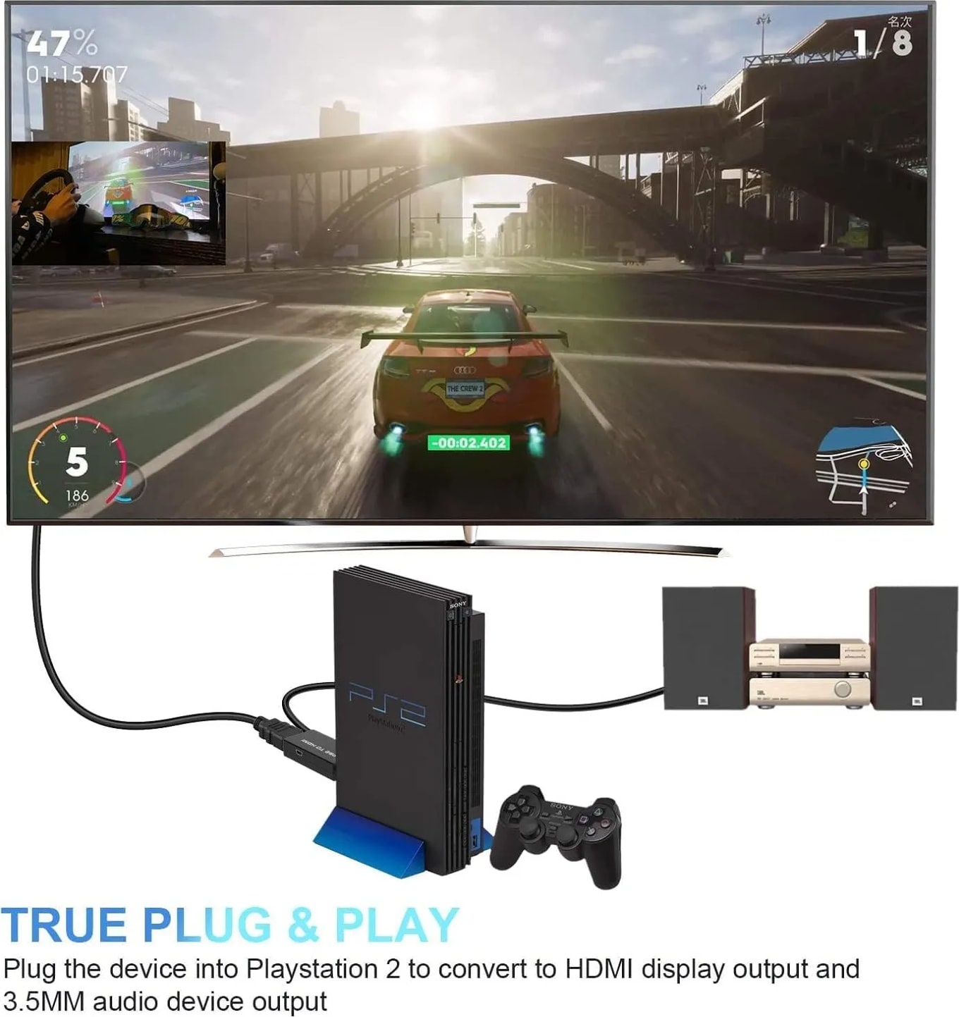 WiredCom PS2 to HDMI Converter Adapter, PS2 to HDMI Video Converter with 3.5mm Audio Output, Cable for HDTV HDMI Monitor AV to HDMI Signal Transfer Adapter, Supports All Playstation 2 Display Modes