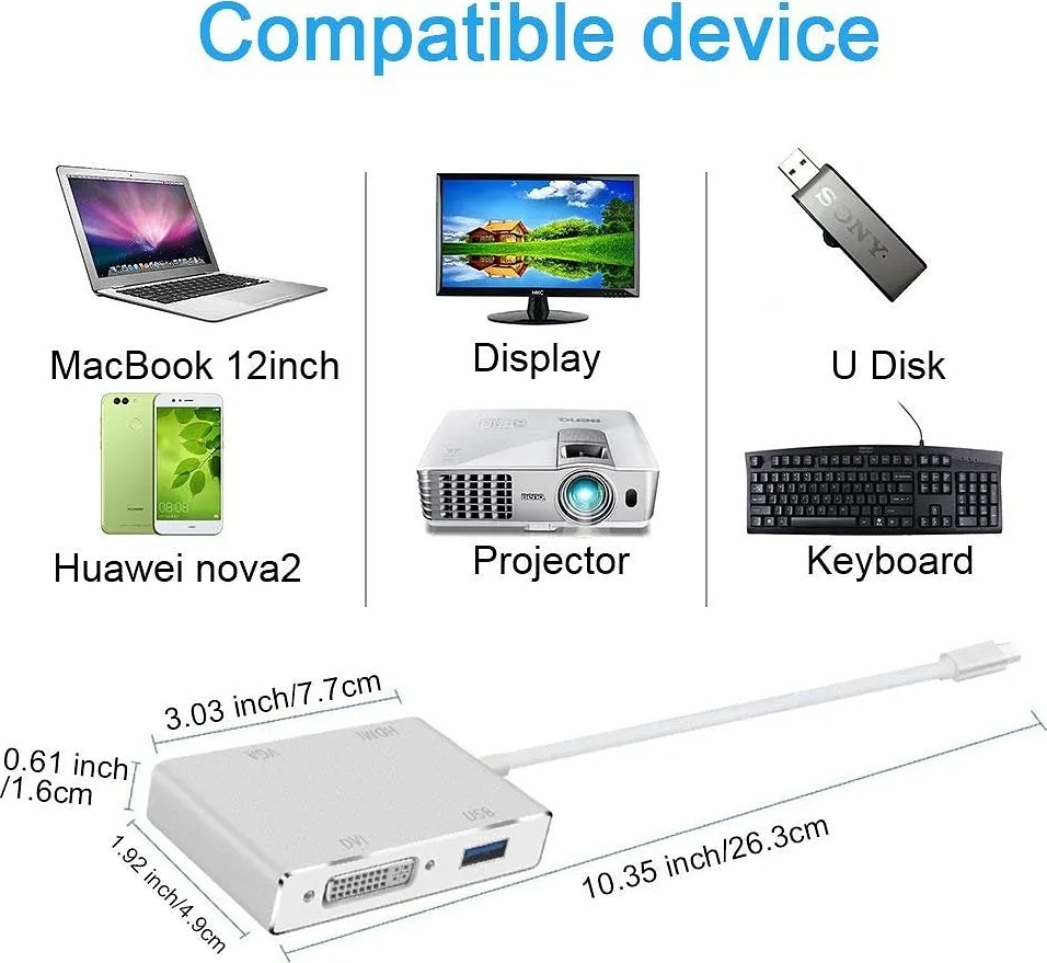 WiredCom Type C to HDMI Adapter; USB C to HDMI DVI VGA USB 3.0 HUB Multi Port Adapter Compatible with MacBook Pro; Chromebook Pixel; Samsung Galaxy S8/S8 Plus (Silver)