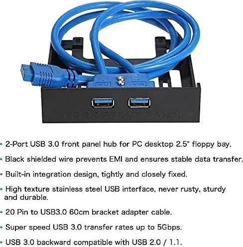 WiredCom USB 3.0 Front Panel Hub 2 Port Expansion Bay 20 Pin to USB3.0 60cm Bracket Adapter Cable for PC Desktop 2.5" Floppy Bay