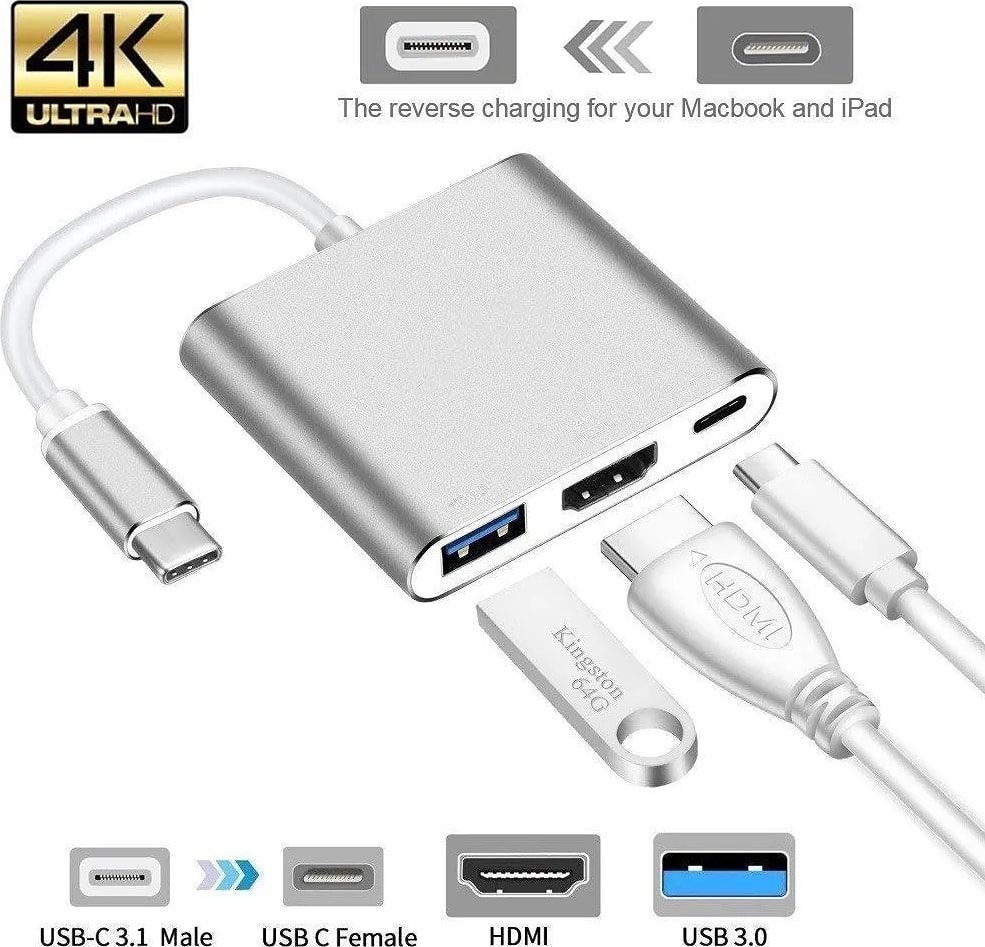 WiredCom USB to USB Adapter, USB Type-C 3.1 Male to Female 4K HDMI/USB3.0/USB-C PD 3 in 1, Grey
