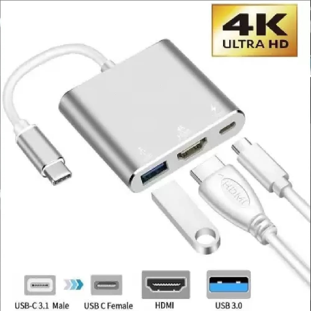 WiredCom USB to USB Adapter, USB Type-C 3.1 Male to Female 4K HDMI/USB3.0/USB-C PD 3 in 1, Grey