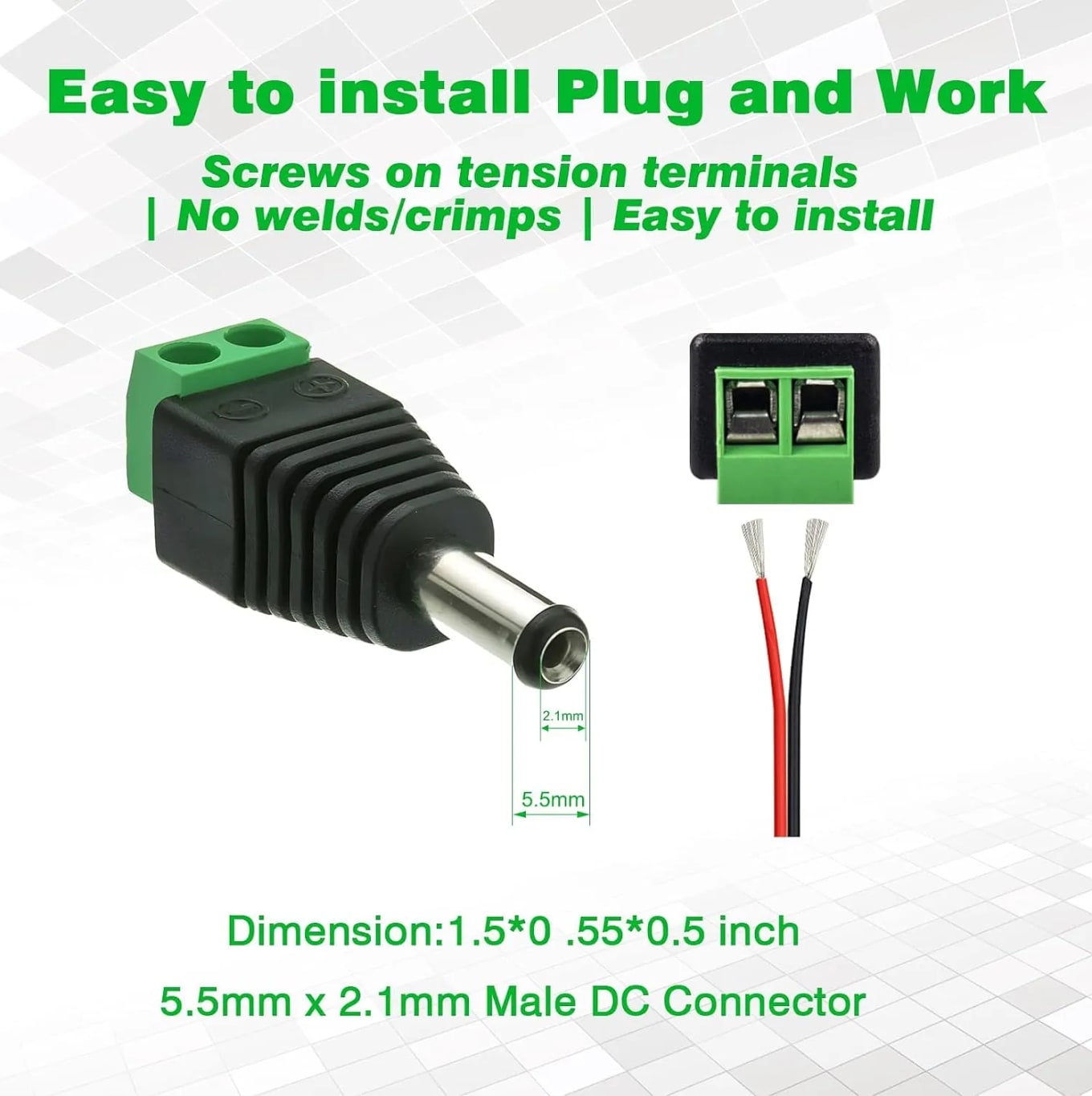 WiredCom® 20Pack Male 12V DC Power Connector 5.5mm x 2.1mm,20 x Male Power Jack Plug Barrel Adapter,DC Power Connector for Led Light Strip CCTV Security Camera Monitoring Cable Wire Ends Plug