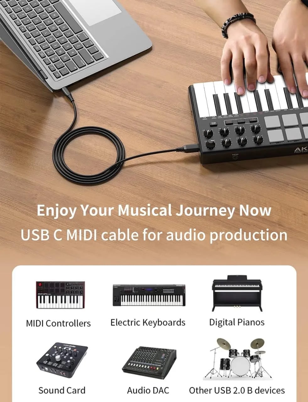 WiredCom® USB C Printer Cable 6.6 foot, USB C to Printer Cable USB C to B, Scanner Cable Printer Cable to USB C MIDI Cable for Yamaha Casio Digital Piano MIDI Controller DJ Controller, 2 Meter Black