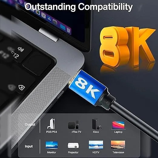 8K UHD HDMI Cable High Speed 48Gbps HDMI 2.1 Cord Supports 8K@60HZ, 4K@120HZ UHD, 2160p, 1080p, Ethernet, 3D, Audio Return (ARC) for TV, Laptop, PC, Monitor and Projector (8K, 5 Meter)