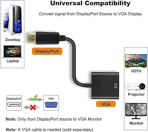 Display Port DP Male to VGA Female Cable Adapter Converter, Support only DP to VGA || Note - It is not Support HDMI,USB, to VGA, Not Support to Reverse - Black