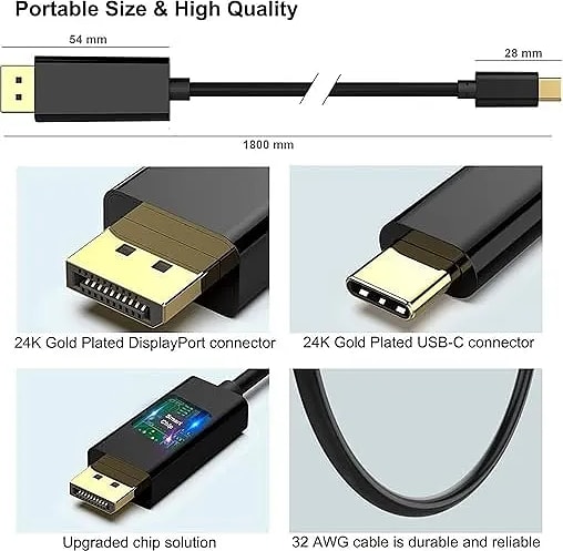 USB C to DisplayPort 1.8 Meter Cable(8K@60Hz 4K@144Hz), USB Type-C to DP Adapter [Thunderbolt 3/4 Compatible] with iPhone 15 Pro/Max, MacBook Pro/Air 2023, iPad Pro, iMac, S23, XPS 17 and More