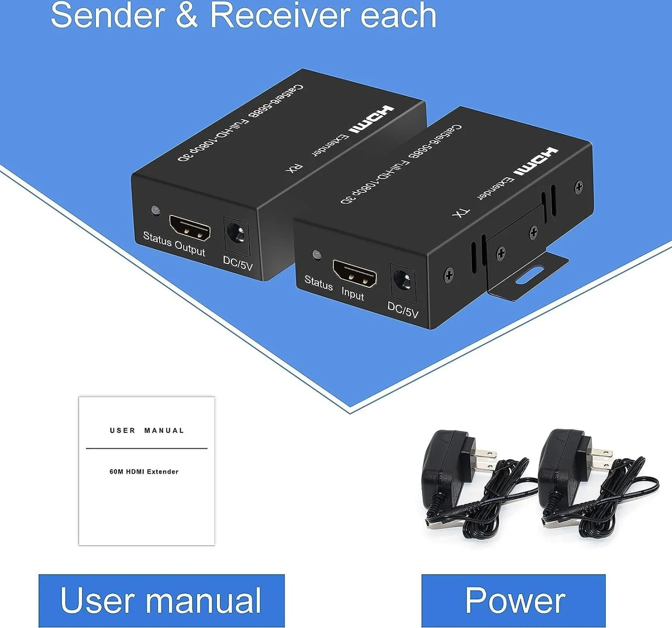 WiredCom 60M HDMI Extender Repeater Transmitter/Sender + Receiver Over Cat5 / Cat6 Upto 60 Meters (60M Extender Over Single CAT5/6 Cable) Supports 3D & Full HD1080p for TV Projector, HDTV, DVR