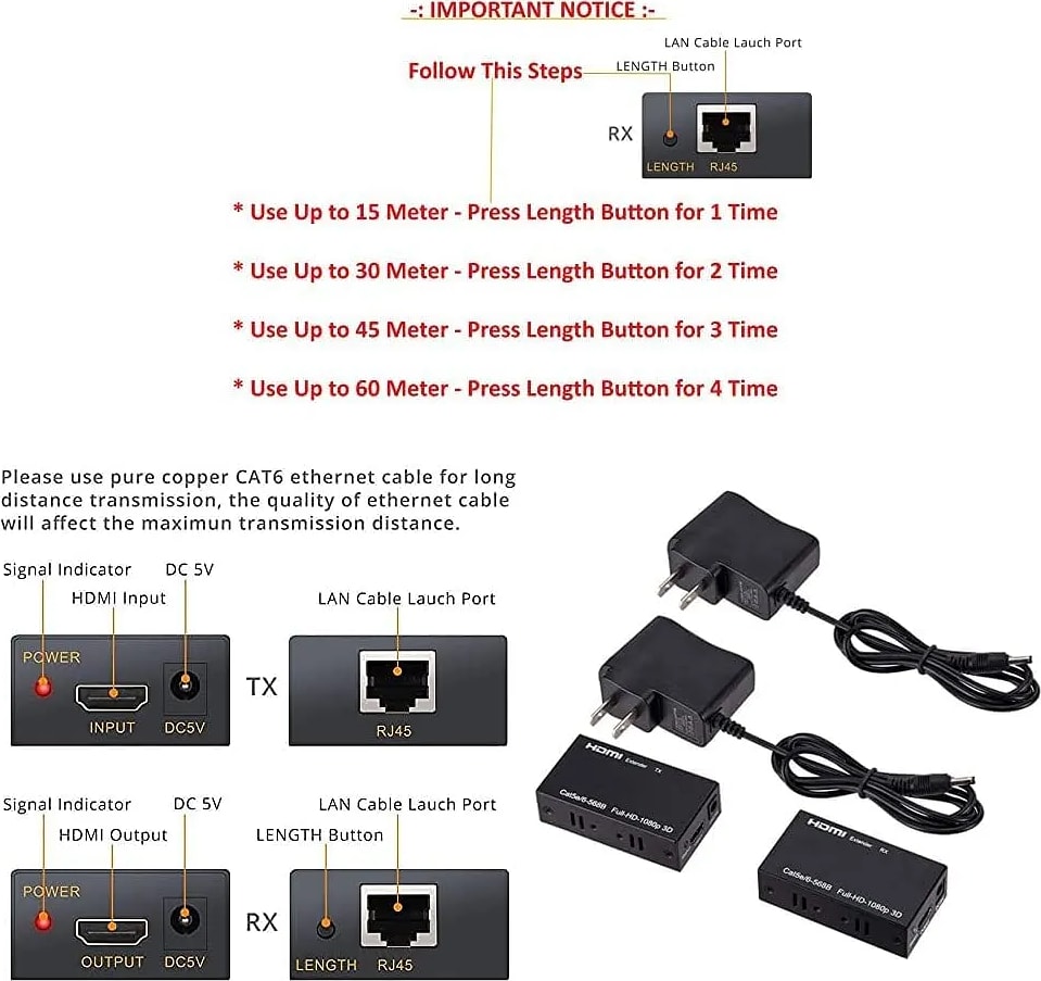WiredCom 60M HDMI Extender Repeater Transmitter/Sender + Receiver Over Cat5 / Cat6 Upto 60 Meters (60M Extender Over Single CAT5/6 Cable) Supports 3D & Full HD1080p for TV Projector, HDTV, DVR
