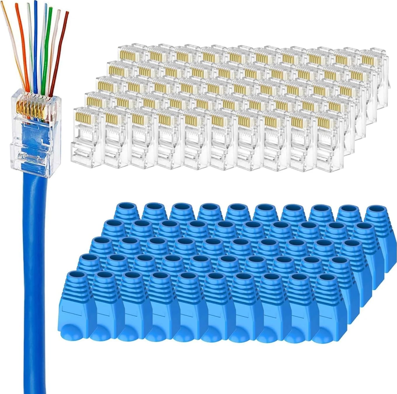 WiredCom Passthrough RJ45 Connector | Strain Relief Boot Cover | 50 Pcs RJ45 Cat6 Pass-Through Connector RJ45 Ends, 50 Pcs Strain Relief Boot Cover Cap,Combo Kit For Network LAN Cables (Combo 100)