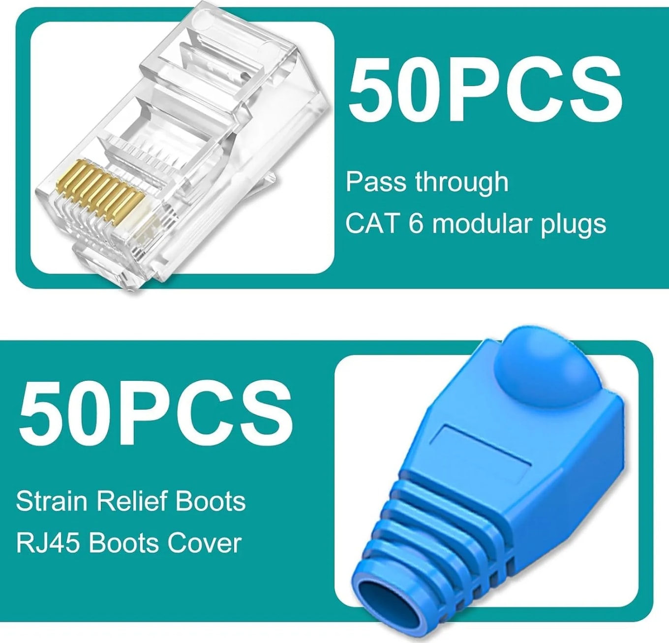 WiredCom Passthrough RJ45 Connector | Strain Relief Boot Cover | 50 Pcs RJ45 Cat6 Pass-Through Connector RJ45 Ends, 50 Pcs Strain Relief Boot Cover Cap,Combo Kit For Network LAN Cables (Combo 100)