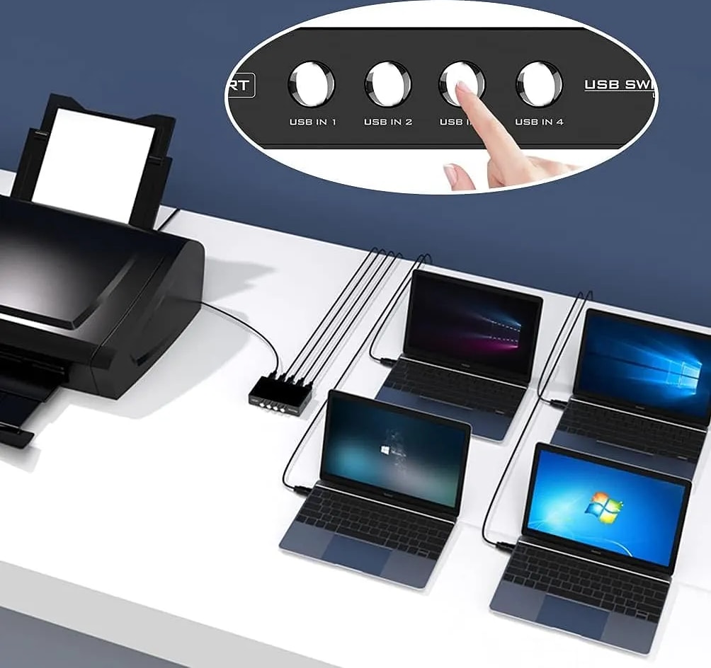 WiredCom Printer Sharing USB Switch 4 Ports | USB 2.0 Switch Selector Box | printer sharing usb switch, with 4 Pcs usb printer cable 1.5 meter, 4 Port, USB Device, PC, Computer, Printer, Scanner