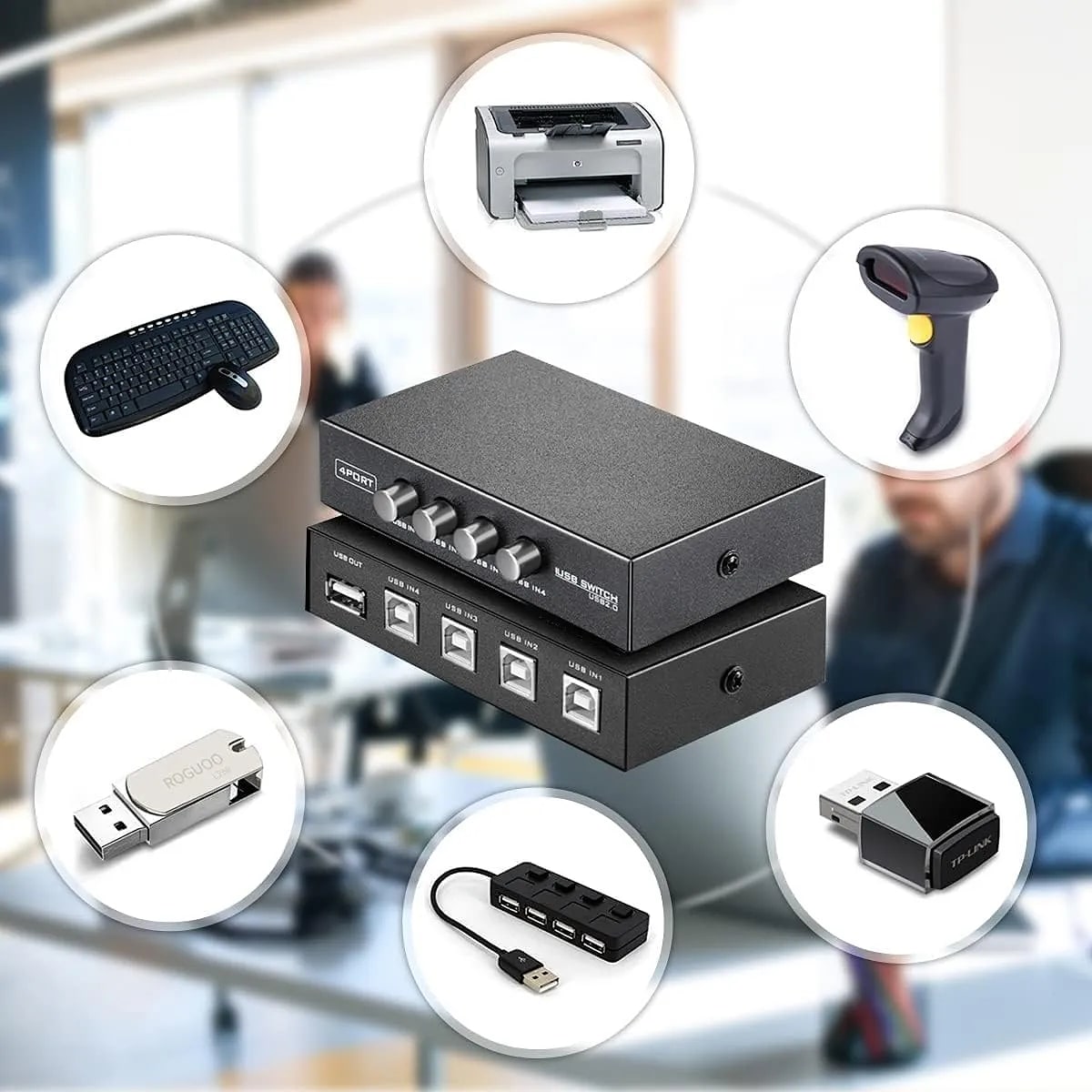 WiredCom Printer Sharing USB Switch 4 Ports | USB 2.0 Switch Selector Box | printer sharing usb switch, with 4 Pcs usb printer cable 1.5 meter, 4 Port, USB Device, PC, Computer, Printer, Scanner