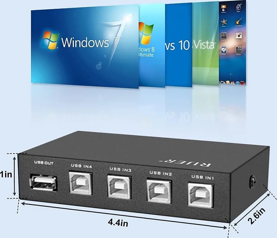 WiredCom Printer Sharing USB Switch 4 Ports | USB 2.0 Switch Selector Box | printer sharing usb switch, with 4 Pcs usb printer cable 1.5 meter, 4 Port, USB Device, PC, Computer, Printer, Scanner