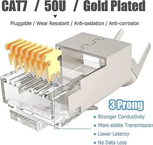WiredCom® Cat7 rj45 connector, (50 Pcs) RJ45 shielded connectors cat7, 8P8C FTP STP Network Plug Connector for CAT5E CAT6 CAT7 Stranded Cable (50 Pack)