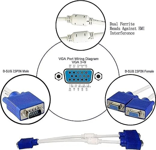 WiredCom® VGA Y Splitter Cable For Projector, Monitor, Pc, Laptop, Television, Personal Computer Vga Y Splitter Cable 1 Male Vga To 2 Female, Blue