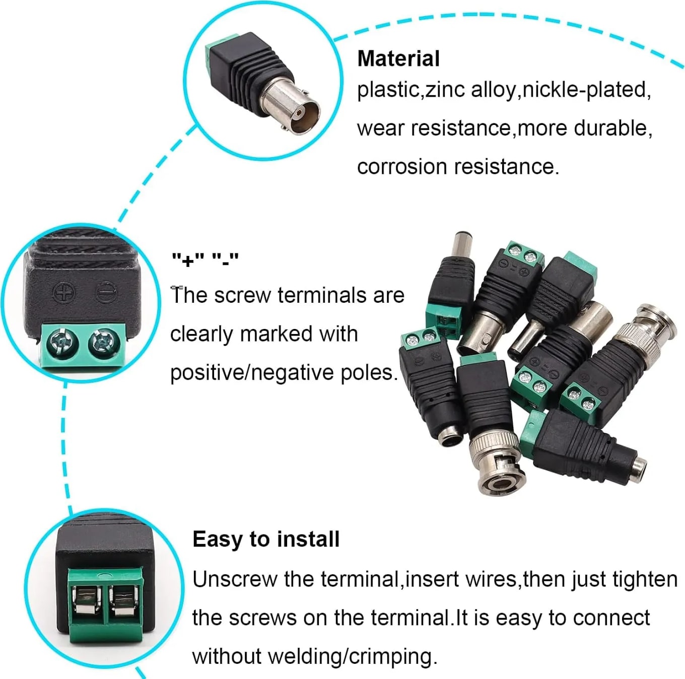 WiredCom® 40PCS Male Female Power Connector DC 12V 5.5 x 2.1mm Power Jack Plug Adapter Barrel Connector, BNC Male Female Balun Connector for CCTV Coaxial Cable Surveillance Video Camera Led Strip