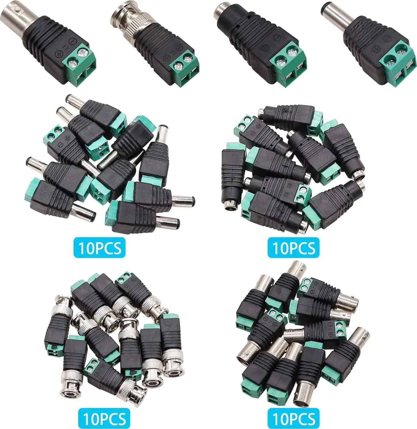 WiredCom® 40PCS Male Female Power Connector DC 12V 5.5 x 2.1mm Power Jack Plug Adapter Barrel Connector, BNC Male Female Balun Connector for CCTV Coaxial Cable Surveillance Video Camera Led Strip
