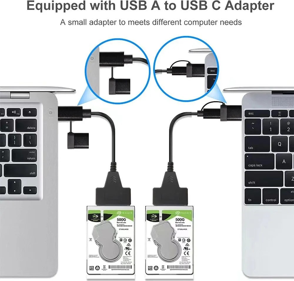WiredCom® Type-C USB 2 in 1 Type C and USB SATA 3 Cable Sata to USB 3.0 Adapter UP to 6 Gbps Support 2.5 Inch External SSD HDD Hard Drive 22 Pin Sata III A25 2.0