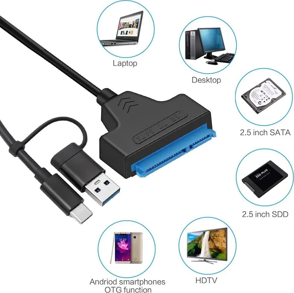 WiredCom® Type-C USB 2 in 1 Type C and USB SATA 3 Cable Sata to USB 3.0 Adapter UP to 6 Gbps Support 2.5 Inch External SSD HDD Hard Drive 22 Pin Sata III A25 2.0
