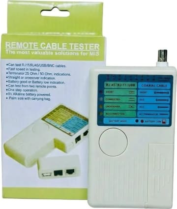 WiredCom® 4-in-1 Remote Network Cable Tester for RJ45, RJ11, USB, and BNC Coaxial Cables – Professional LAN/Ethernet Line Diagnostic Tool with Carrying Case (White)