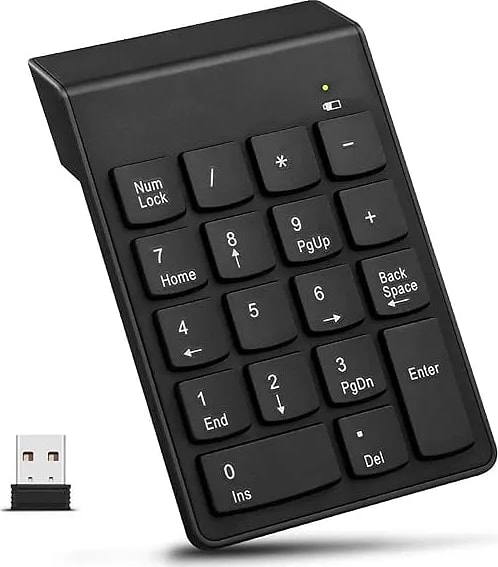 Wireless Numeric Keypad, 2.4Ghz 18Keys USB Silent Number Pad, Portable Keyboard for Laptop Desktop PC Computer Tablet (Black, Wireless)