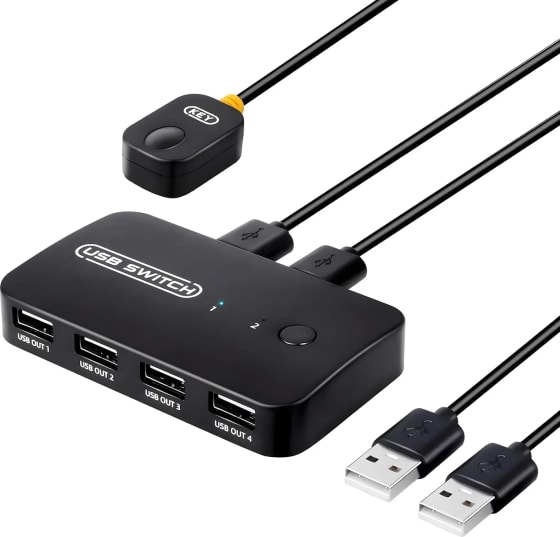 WiredCom USB Switch Selector 2 Computers Sharing 4 USB 2.0 Devices, Peripheral Switcher Adapter Hub for Mouse Keyboard Printer, 2 in 4 Out USB Switcher with 2 USB Cable
