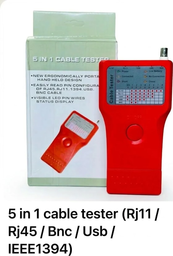AdzMozi® 5-in-1 Remote Network Cable Tester for RJ45, RJ11, USB, BNC Coaxial, and IEEE 1394 Firewire – Professional Handheld LAN Diagnostic Tool with LED Pin Display (Red)