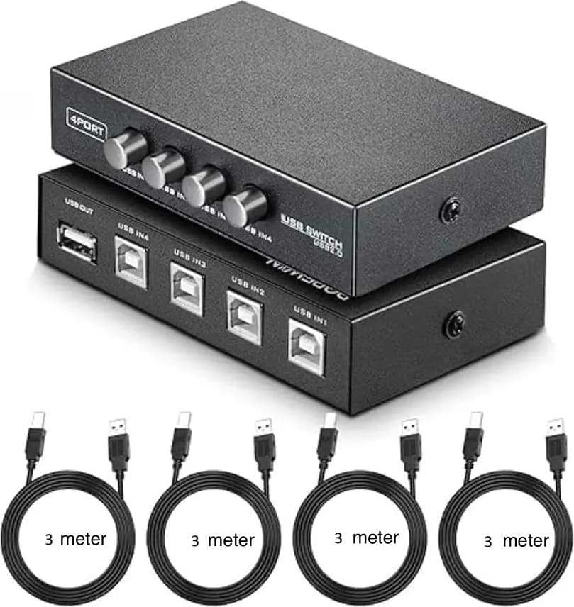 WiredCom Printer Sharing USB Switch 4 Ports | USB 2.0 Switch Selector Box | 4 Pcs usb printer cable, for PC, Computer, Printer, Scanner (3 Meter)