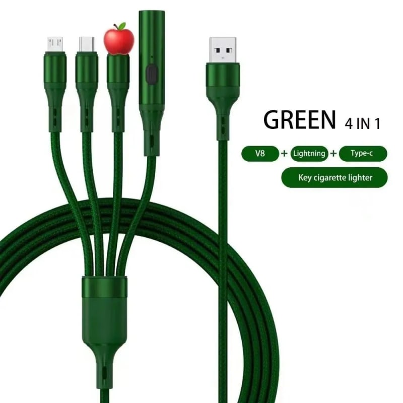 WiredCom Nylon Braided 1.2 Meter 4 in 1 USB Fast Charging multi-pin 5A charging cable with cigarette lighter + Type C + Micro USB + Lightning Connector - 4 in 1 charging cable Compatible with car USB , iPhone,iPad and Smartphones