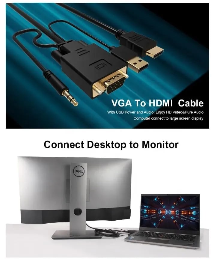 Wiredcom HDMI VGA Converter 6ft/1.8m Cable 1080P Adapter Built in 3.5mm Audio & USB Power Compatible for PC Laptop Ultrabook Raspberry Pi Projector Monitor