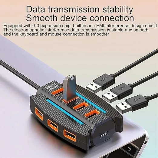 WiredCom® USB 3.0 Hub, 10 Ports USB A Splitter with Power/Data Port, 3.9ft Long Cable USB Adapter Multiport Extender Lights for Desktop, Laptop, Xbox, Console, Printer, Camera, Keyborad, Mouse
