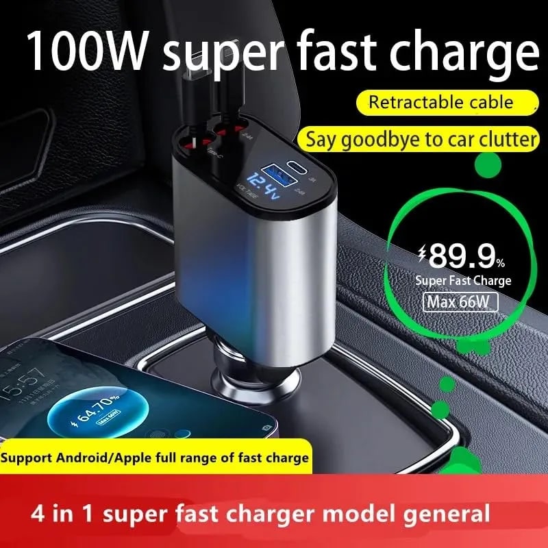 WiredCom® 100W 4 in 1 Super Fast Charge Car Phone Charger, Retractable Cables (31.5 inch) and 2 USB Ports Car Adapter for iPhone 15/14/13/12 Pro Max XR, iPad, Galaxy S23, Pixel