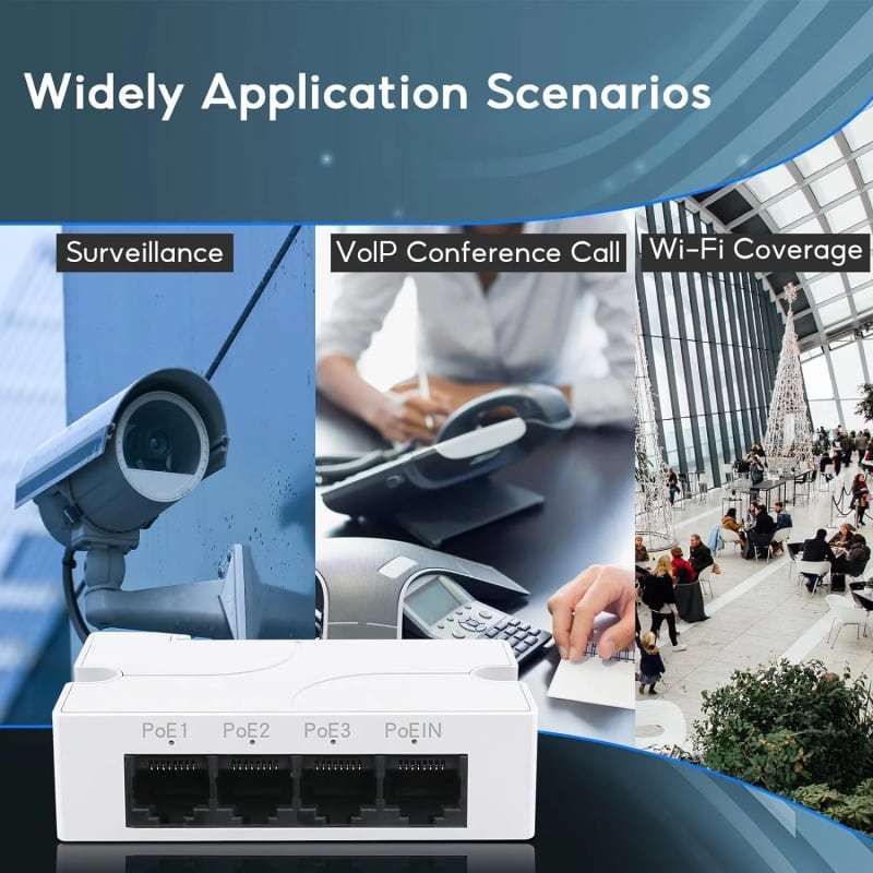 WiredCom® PoE Extender 4 Port, IEEE 802.3 af/at PoE Repeater, 100Mbps, 1 PoE in 3 PoE Out, Plug and Play, Wall & Din Rail Mount POE Passthrough Switch for Security Systems IP Camera