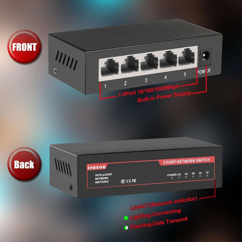 WiredCom® 5 Port Gigabit Switch, 5 Port Unmanaged Ethernet Network Switch