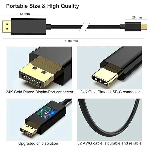 USB C to DisplayPort 1.8 Meter Cable(8K@60Hz 4K@144Hz), USB Type-C to DP Adapter [Thunderbolt 3/4 Compatible] with iPhone 15 Pro/Max, MacBook Pro/Air 2023, iPad Pro, iMac, S23, XPS 17 and More