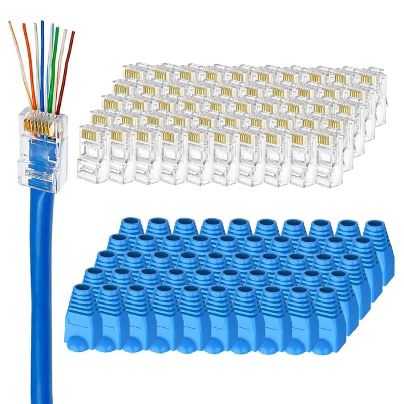 WiredCom Passthrough RJ45 Connector | Strain Relief Boot Cover | 50 Pcs RJ45 Cat6 Pass-Through Connector RJ45 Ends, 50 Pcs Strain Relief Boot Cover Cap,Combo Kit For Network LAN Cables (Combo 100)