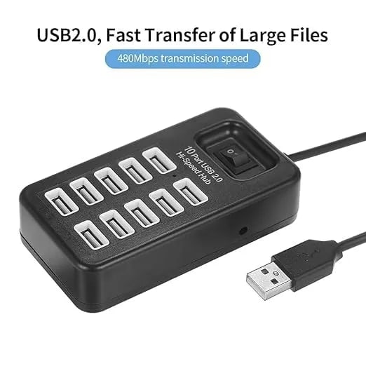 WiredCom® 10 Port USB Power Hub for pc Laptop Mobile 2.0 Hi-Speed Hub Simultaneous Use Fast Transfer of Large Files 480Mbps Transmission Speed Multiple Port Extension One-Key Control