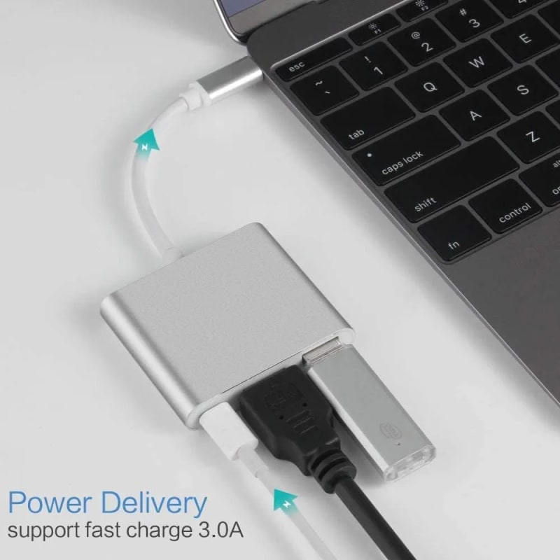 WiredCom® 3 in 1 Type C USB Hub Plus, HD 4K HDMI with PD Charging, USB 3.0, Compact Extension Adapter, Aluminum Case, [Compatible with MacBook Pro Dell XPS Surface Pro Pixel EliteBook ThinkPad]