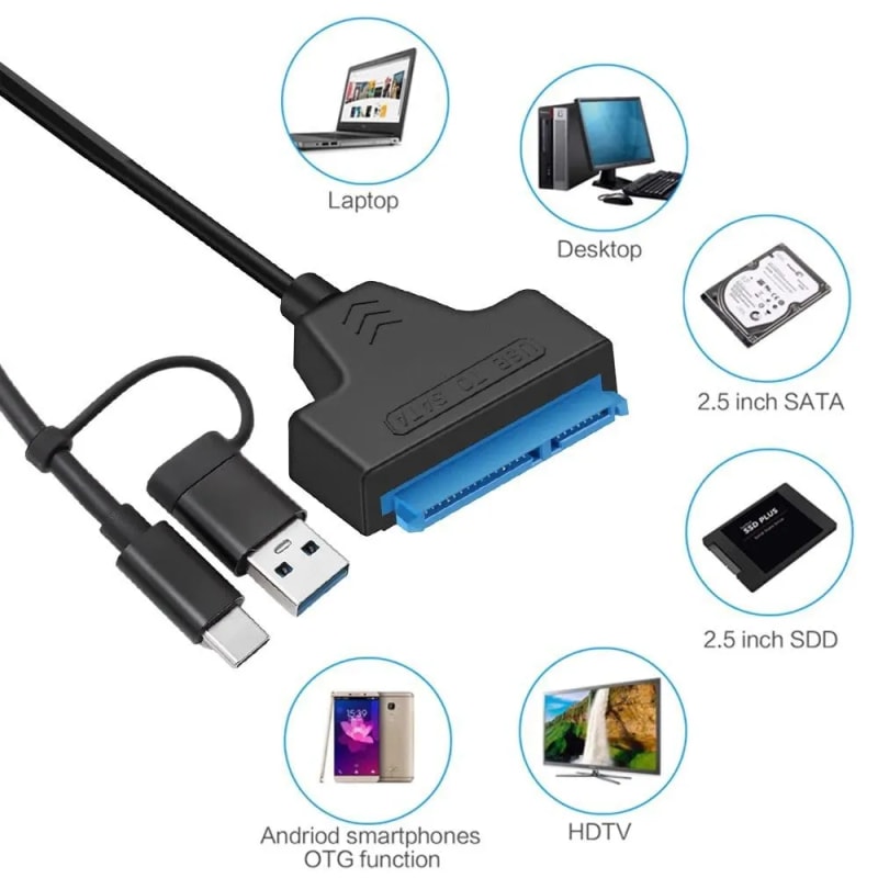 WiredCom® Type-C USB 2 in 1 Type C and USB SATA 3 Cable Sata to USB 3.0 Adapter UP to 6 Gbps Support 2.5 Inch External SSD HDD Hard Drive 22 Pin Sata III A25 2.0
