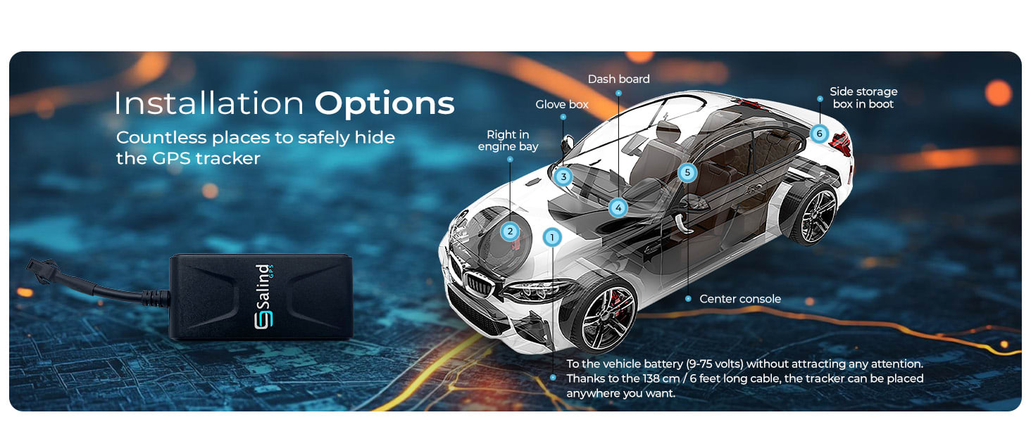 Installation locations under the dash, near the fuse box, or behind a kick panel — three wires to the vehicle battery.