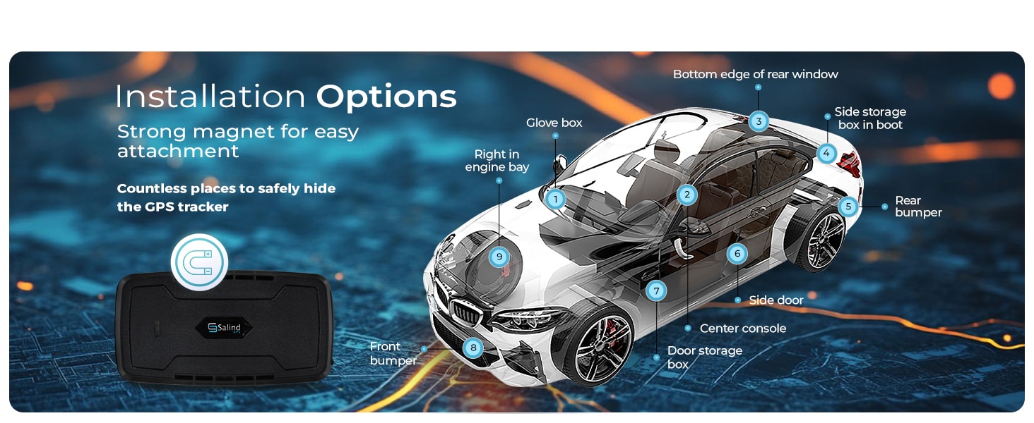 Installation options — strong magnet for easy attachment, countless places to safely hide the GPS tracker on a vehicle