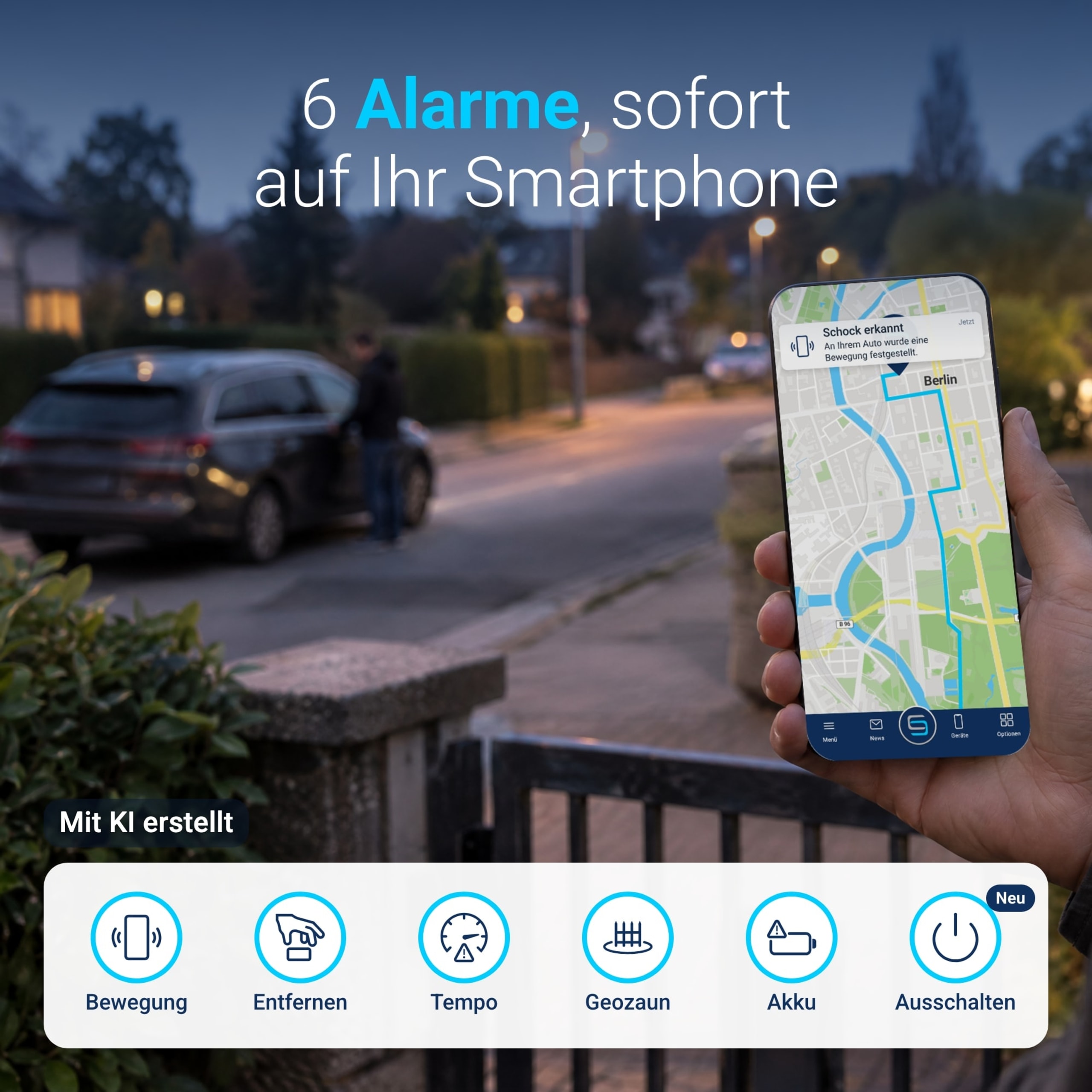 Smartphone mit dem Alarm „Schock erkannt“, im Hintergrund das geparkte Auto; 6 Alarme: Bewegung, Entfernen, Tempo, Geozaun, Akku, Ausschalten