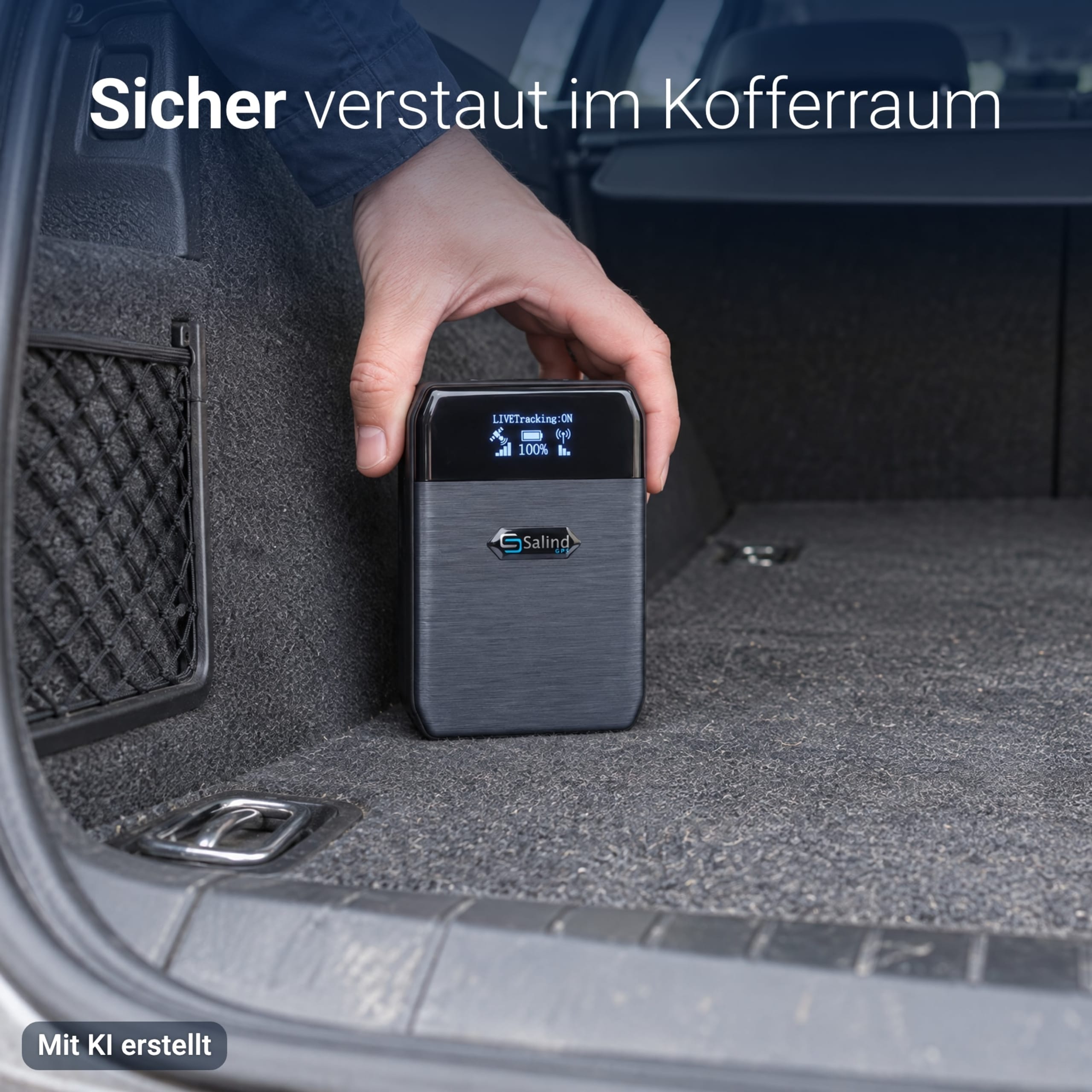Salind 11 4G 2.0 mit eingeschaltetem Display wird seitlich in den Kofferraum gestellt