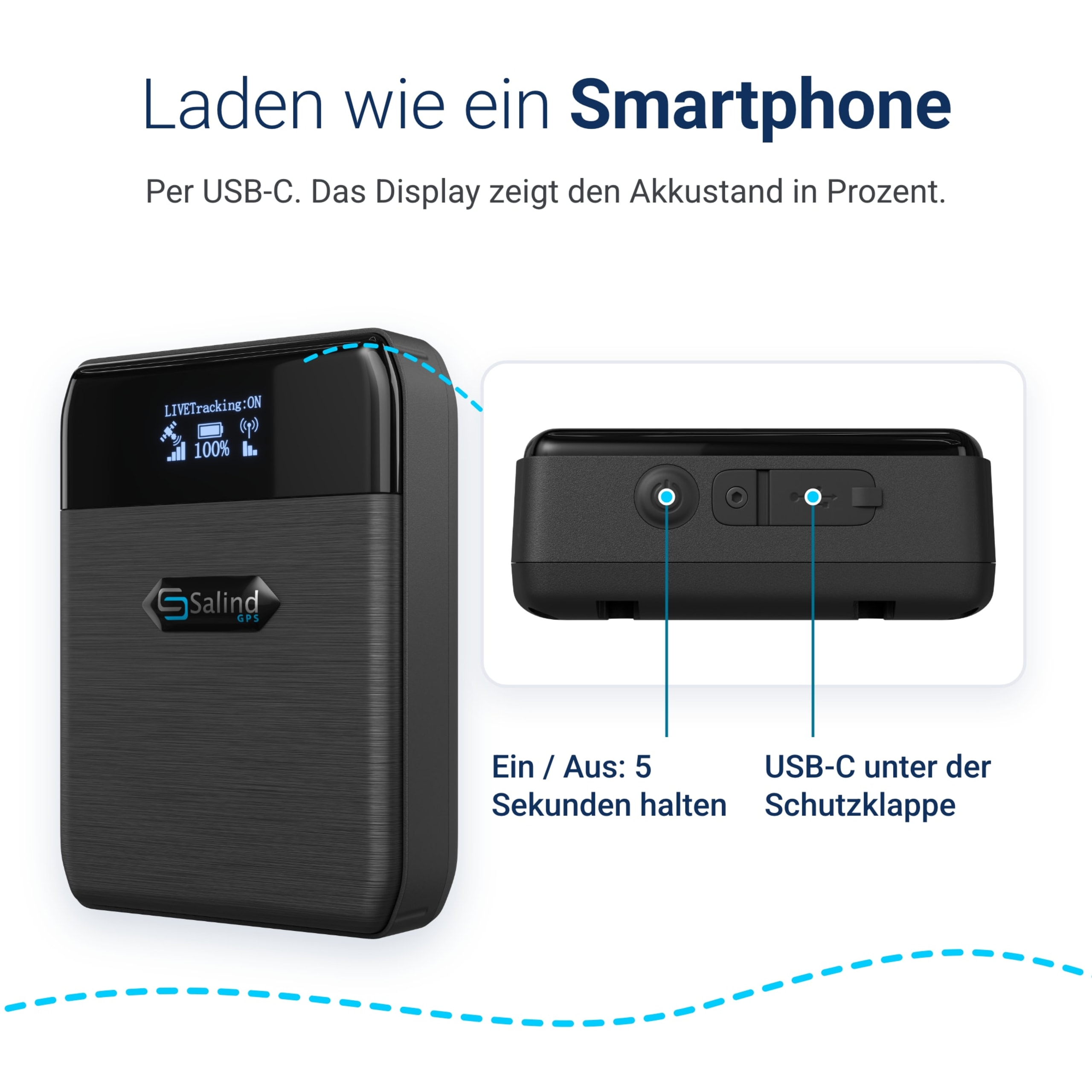 Laden per USB-C: Salind 11 4G 2.0 mit Ein-/Aus-Taste und USB-C-Anschluss unter der Schutzklappe